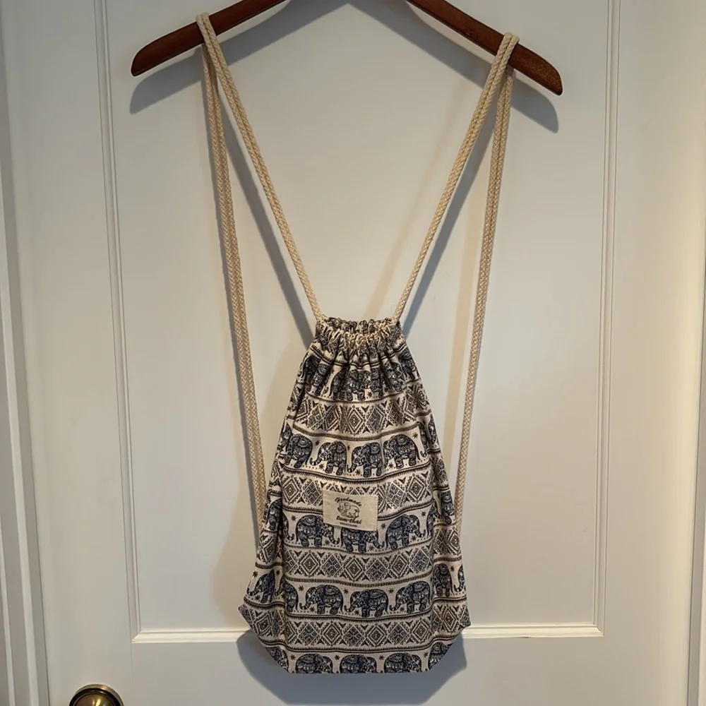 Handmade tum-thai canvas elephant print backpack with rope shoulder straps